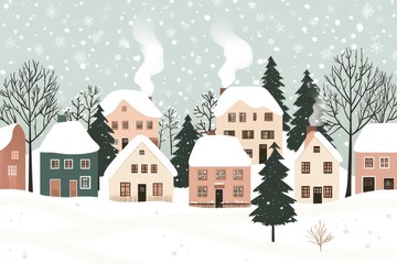 Fototapeta premium Snowy Village Landscape with Houses, Trees, and Falling Snow