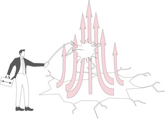 Economic stimulus, economic development, monetary stimulus, investment in profit growth, market domination or manipulation, businessmen taking the whip to the growing arrow