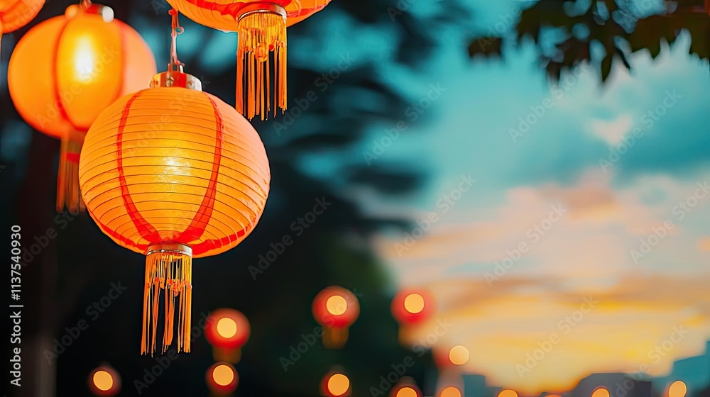 Poster Chinese lanterns idea. Beautiful illuminated lanterns glowing in the twilight, creating a serene evening ambiance.