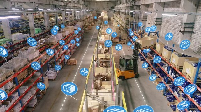 The concept of a modern warehouse in a factory. Warehouse Order Picking . Smart warehouse inside. Smart logistics. 