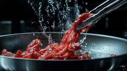 Sizzling Bacon Cooking in a Pan with Water Splashes and Steam