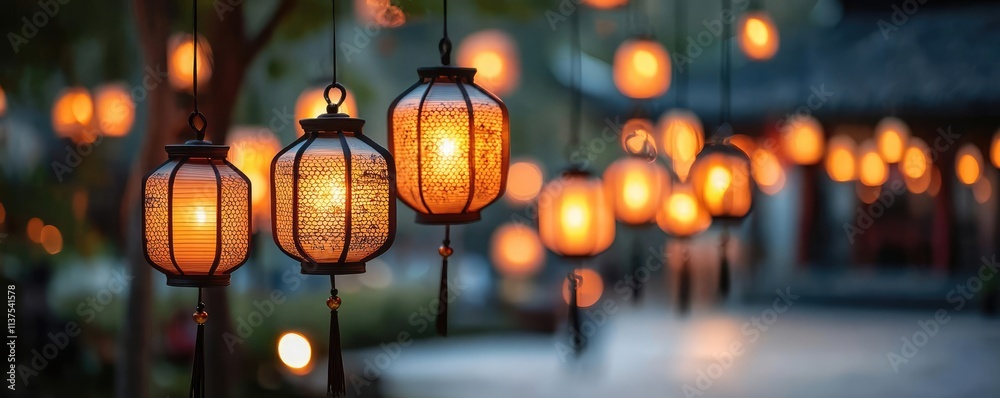 Poster chinese lanterns idea. beautiful lanterns glowing softly in an enchanting outdoor setting at dusk.