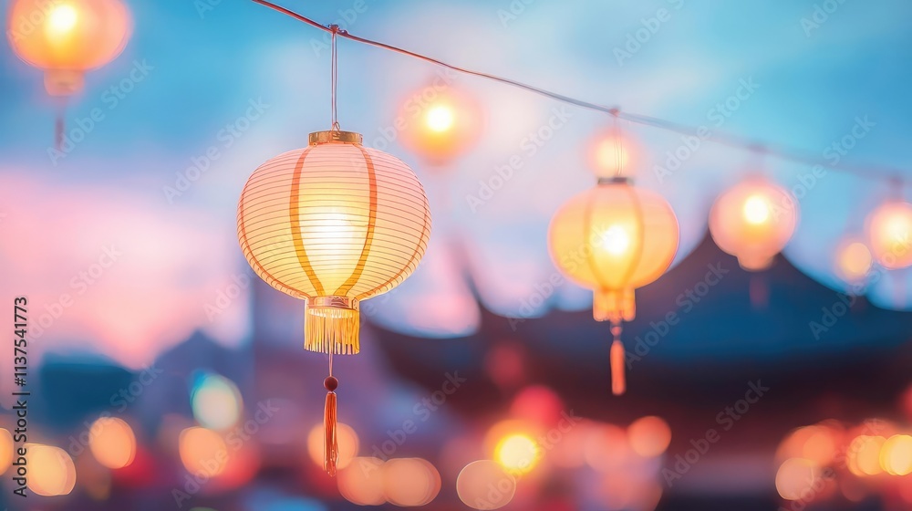 Poster chinese lanterns idea. beautiful lanterns glowing against a colorful twilight sky, creating a festiv