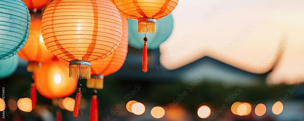 Poster chinese lanterns idea. colorful lanterns glowing at dusk create a festive atmosphere in a cultural c