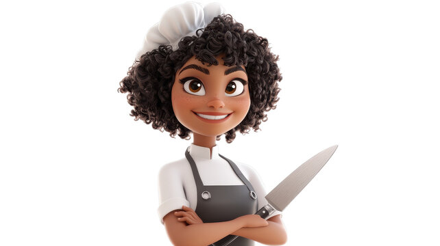 Young chef with curly hair confidently holding a knife in a professional kitchen setting during daylight hours.