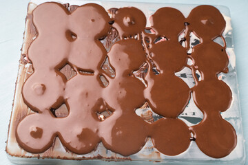 The mold for making chocolate candies is filled with solidified chocolate and finished candies in pink glaze. Homemade chocolate recipe.