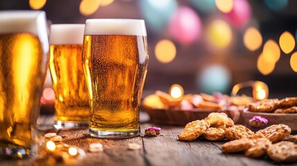 Beer party idea. Refreshing beer glasses with cookies on a rustic table, perfect for celebrations.