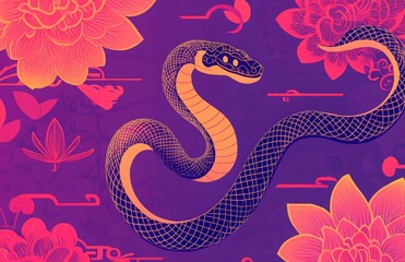 Obraz premium purple background with a red snake pattern with text 2025, line drawing of the year of the dragon in ancient China, Chinese New Year elements, poster title Year of the Snake, Chinese zodiac sign snake