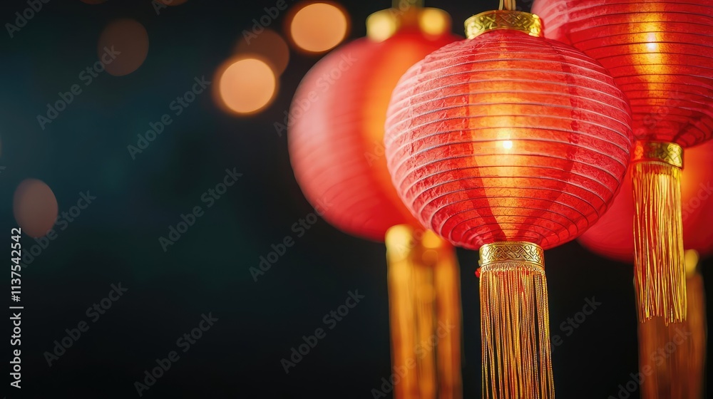 Poster chinese lanterns idea. colorful red lanterns glowing beautifully in a festive setting with blurred b