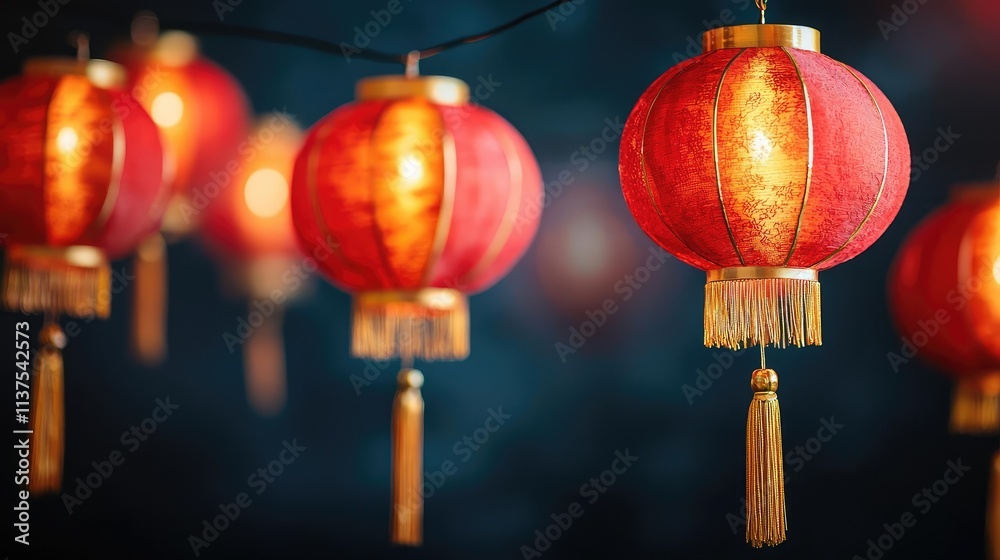 Poster chinese lanterns idea. bright red lanterns glow softly, creating a festive atmosphere for celebratio