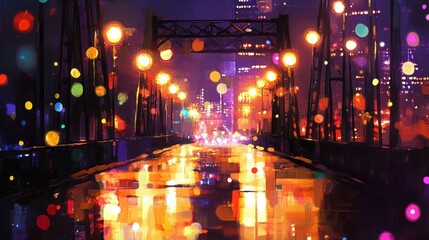 Fototapeta premium A vibrant night cityscape view from a wet bridge with colorful bokeh lights.