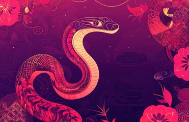 Fototapeta premium purple background with a red snake pattern with text 2025, line drawing of the year of the dragon in ancient China, Chinese New Year elements, poster title Year of the Snake, Chinese zodiac sign snake