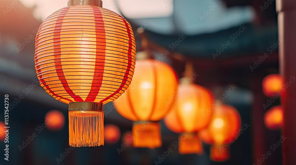 Poster chinese lanterns idea. elegant red lanterns glowing in the twilight, symbolizing celebration and tra