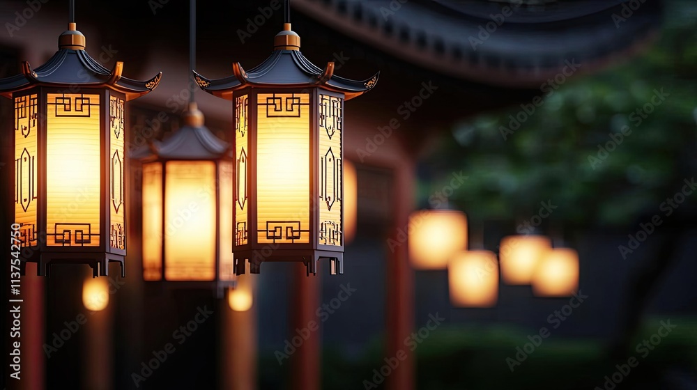 Poster Chinese lanterns idea. Illuminated lanterns create a warm ambiance in a serene outdoor setting at night.