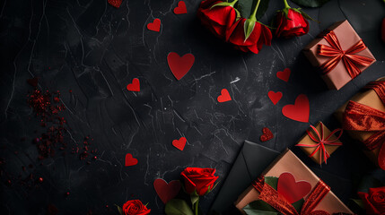 Valentines Day background with hearts, flowers and gift box. Large empty space for text or product display in the center. Flat lay and minimalistic style.