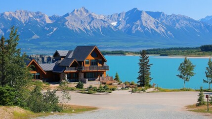 Naklejka premium Scenic view of a lakeside house with mountains in the background.