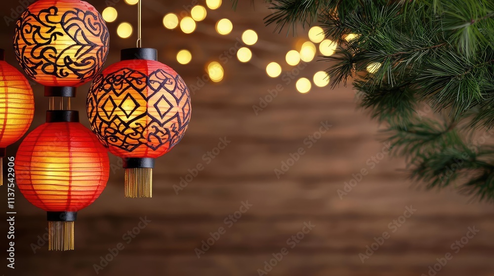 Poster Chinese lanterns idea. Decorative red lanterns hanging elegantly with soft bokeh lights in a cozy setting.