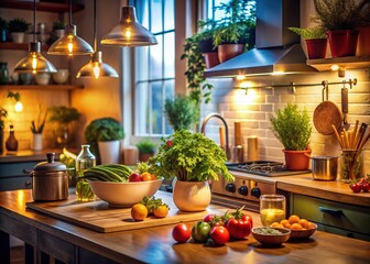 Low Light Kitchen Photography: Modern Calm Cooking Scene, Fresh Ingredients, Utensils