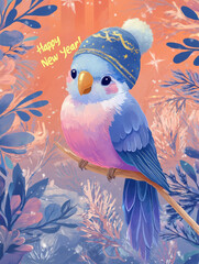 Charming New Year Illustrations with parrot wearing a winter scarf, perched on a snowy branch: Cute Holiday Designs for Cards, Wallpapers, T-Shirts, Posters & Decor