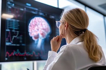 Psychologist presenting on mental health insights in modern science lab engaging audience on psychology concepts and brain functionality professional environment inspirational viewpoint