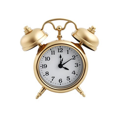 A detailed 3D alarm clock with classic bells and a white face, placed on a clean white background