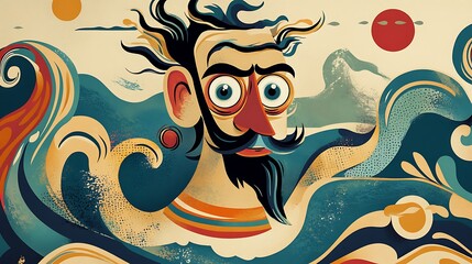 Stylized portrait of a man with wild hair amidst swirling waves and a stylized landscape.