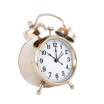A detailed 3D alarm clock with classic bells and a white face, placed on a clean white background