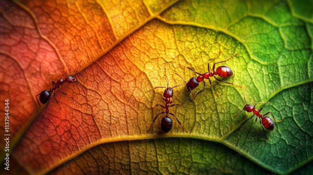 Poster Close-Up View of Colorful Leaves with Ants Crawling on Surface