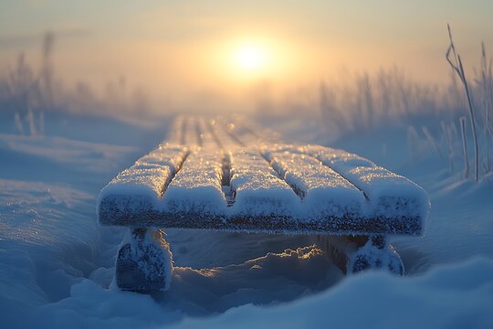 A snow-covered bench at sunset in a serene winter landscape
