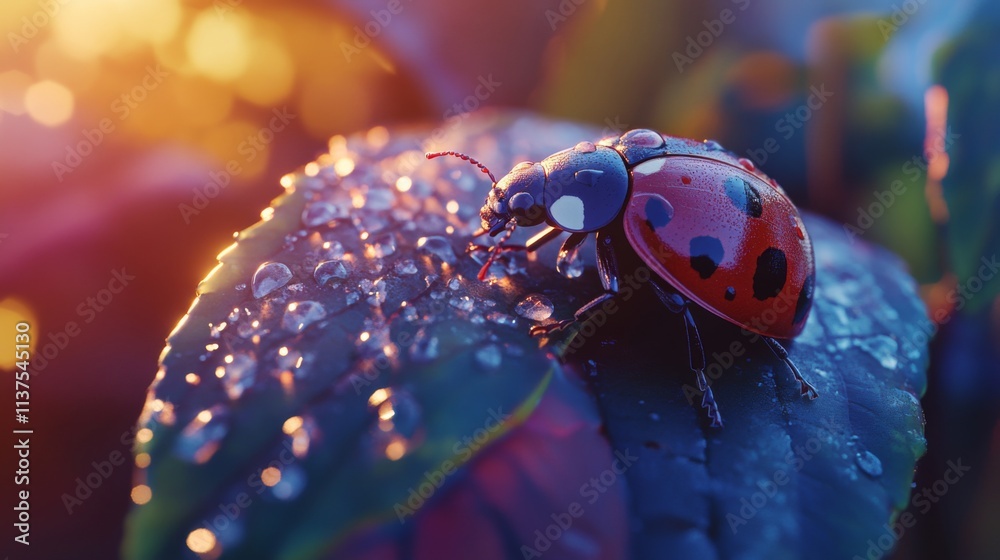 Poster close-up of a ladybug on a leaf with glowing dew drops
