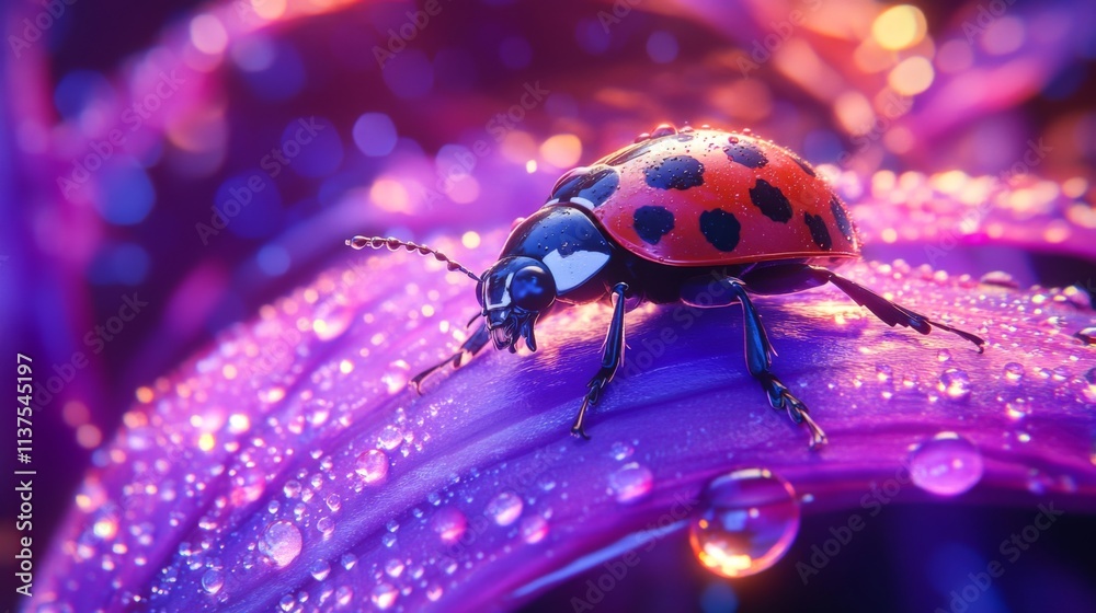 Poster colorful ladybug on a leaf with raindrops in soft focus background