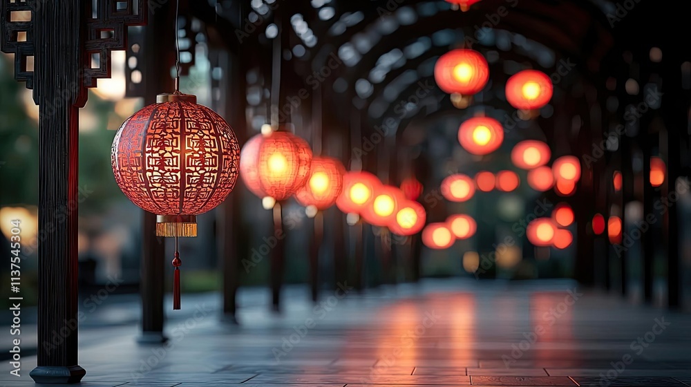 Poster chinese lanterns idea. a beautiful display of traditional lanterns illuminating a serene walkway.