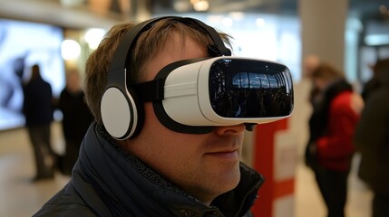 Man wearing white virtual reality headset, blurred background.