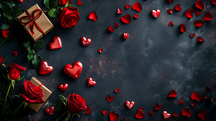 Valentines Day background with hearts, flowers and gift box. Large empty space for text or product display in the center. Flat lay and minimalistic style.