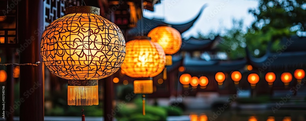 Poster chinese lanterns idea. beautifully lit lanterns create a serene atmosphere in a traditional garden s