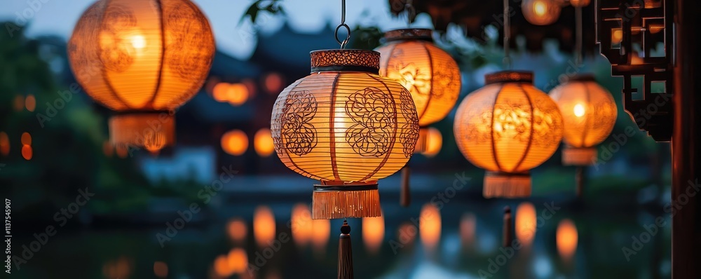 Aufkleber chinese lanterns idea. beautiful illuminated lanterns cast a warm glow over a serene water backdrop.