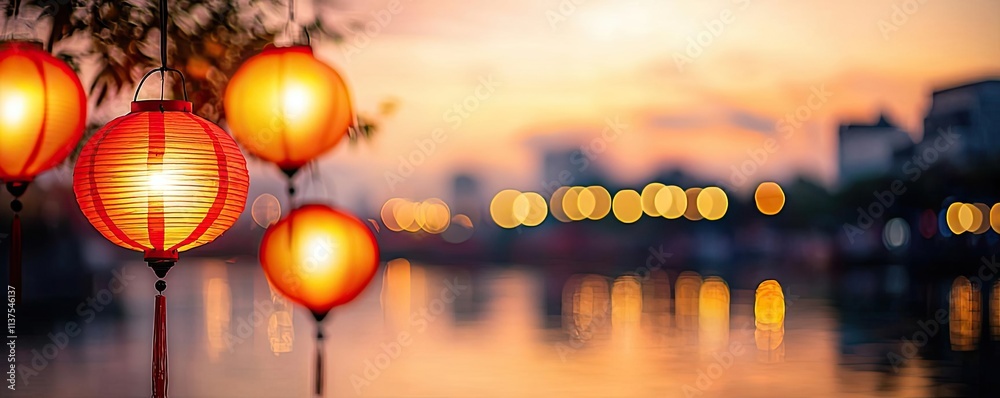 Aufkleber chinese lanterns idea. colorful lanterns illuminate the evening sky over a tranquil waterway at suns