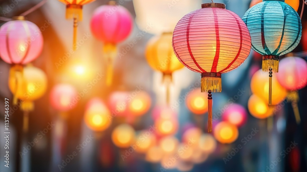 Poster chinese lanterns idea. colorful lanterns illuminate a vibrant street, creating a festive atmosphere.