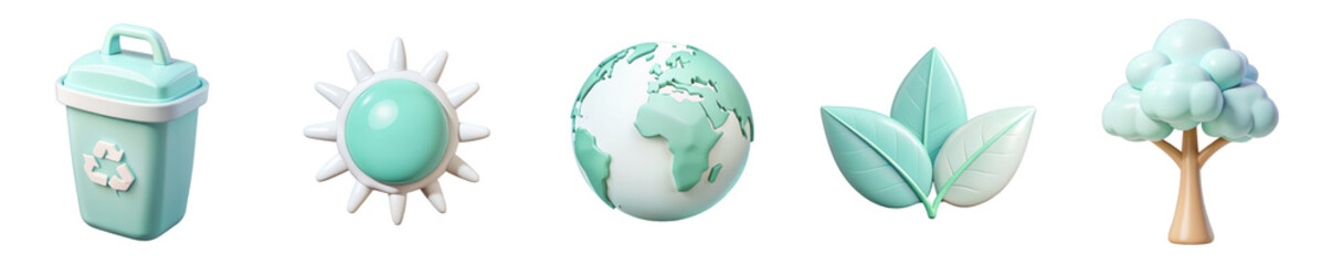 Naklejka premium The image features a collection of five mint-colored objects representing environmental themes: a trash can, sun, globe, leaves, and a tree.