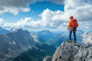 A Climber Stands on a Mountain Peak Overlooking a Vast Mountain Range
