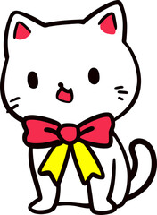 Cute Cartoon White Cat with Red and Yellow Bow in Adorable Pose