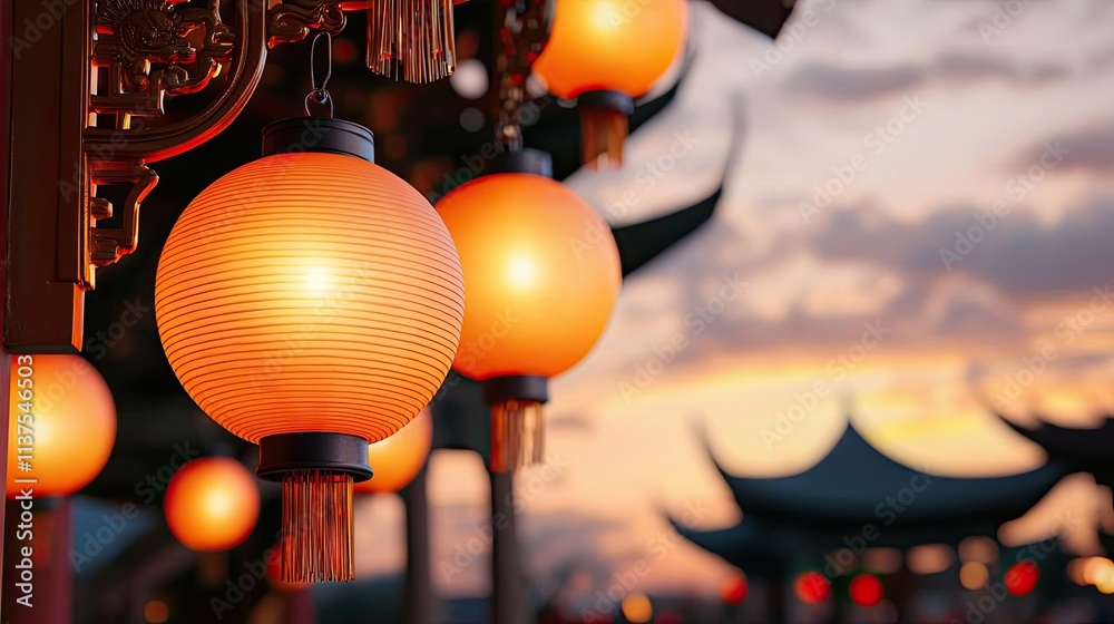 Poster chinese lanterns idea. traditional lanterns illuminate a tranquil evening scene in a serene environm
