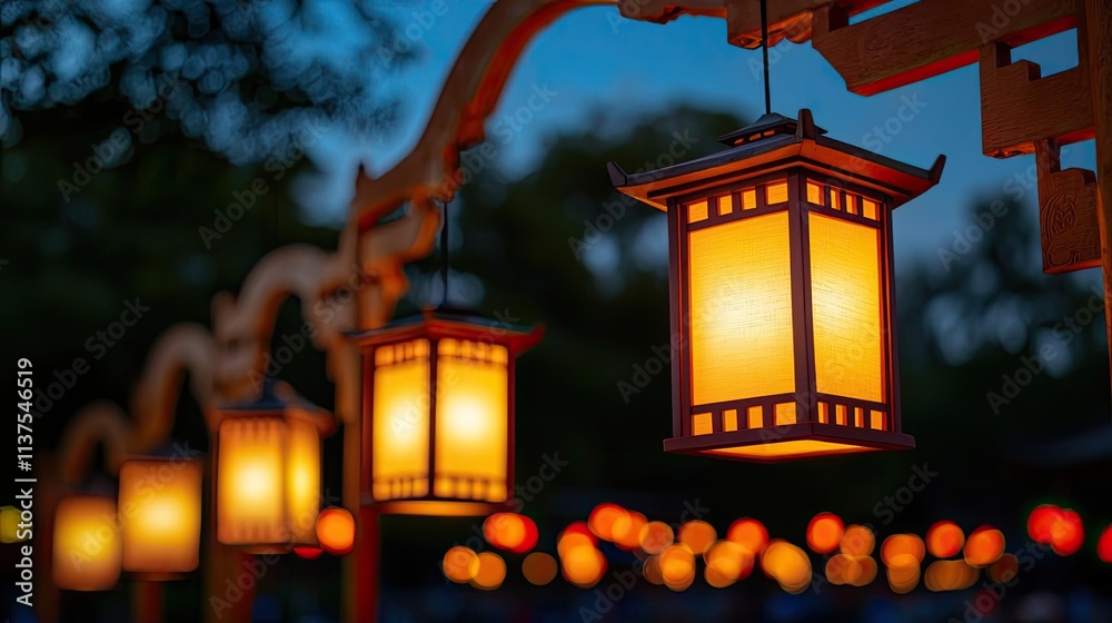 Poster Chinese lanterns idea. Beautiful illuminated lanterns glowing softly during twilight, creating a serene atmosphere.