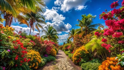 Fototapeta premium Lush Tropical Garden Path, Blooming Flowers, Sunny Sky - Vibrant Nature Photography