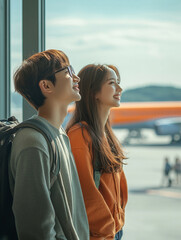 Medium Shot, side view, looking at side hyper realistic, summer, Noonday, sunny, korean Couple, Two friends waiting for a plane at Jeju Airport. Outside the airport.