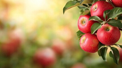 Obraz premium Apple harvest concept. Fresh red apples hanging from a tree branch in a vibrant orchard background.