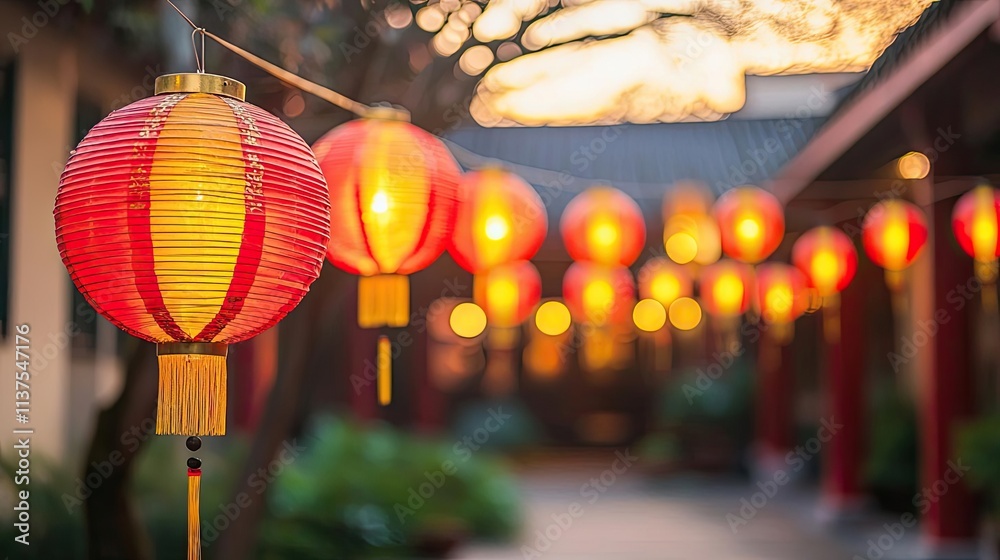 Poster Chinese lanterns idea. Vibrant red lanterns illuminating a serene pathway during sunset in a tranquil setting.
