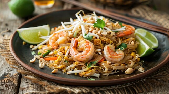 Delicious shrimp pad thai on a wooden table