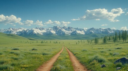 Fototapeta premium Dirt road leads to snow-capped mountains.