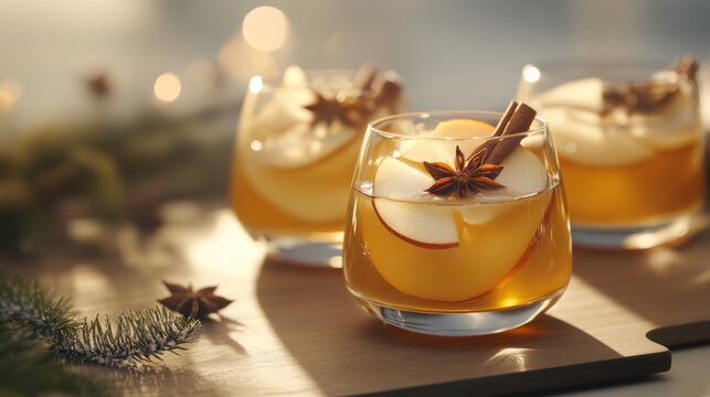 Delightful apple cider infused with cinnamon, anise stars, and fresh apple slices in cups